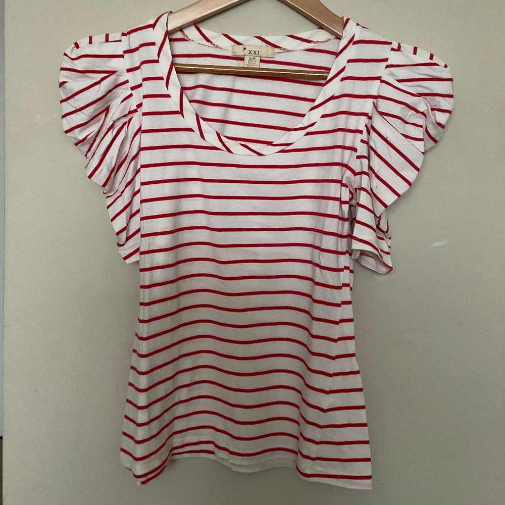 Forever 21 Small Striped Red Tee with Exaggerated Shoulder Sleeves